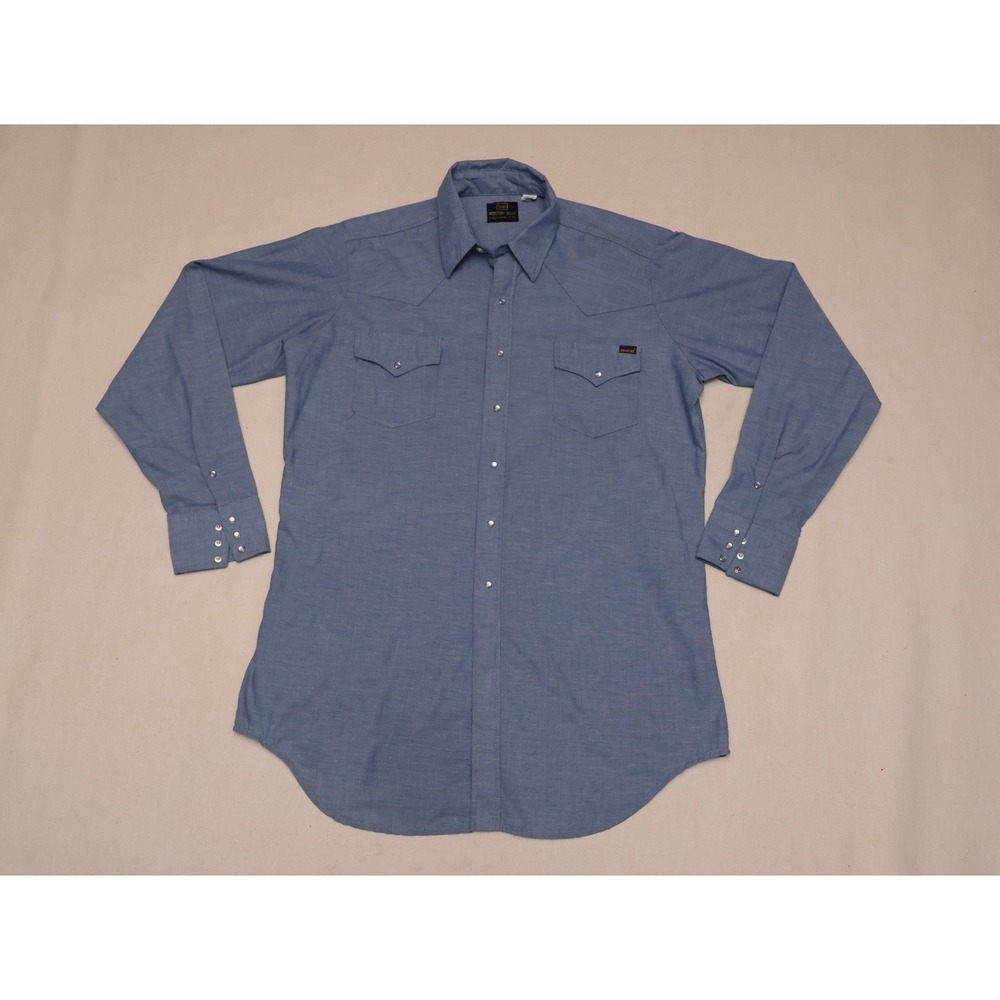 Vintage Sears Roebucks Western Shirt XL Tall Blue Chambray Pearl Snap 70s